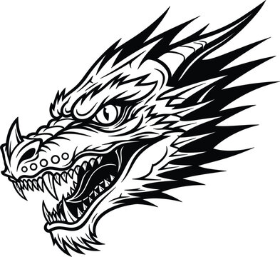 Fierce Dragon Head Vector Illustration with Sharp Teeth and Aggressive Expression for Mascot Logos, Tattoos, Streetwear Apparel, and Fantasy Character Graphic Design