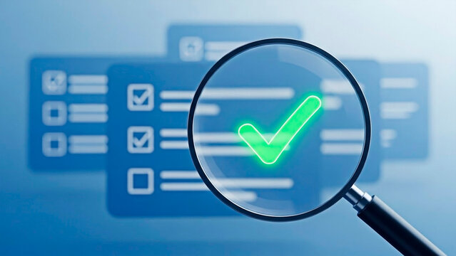 A magnifying glass with a green checkmark is focused on a blurred checklist in the background.
