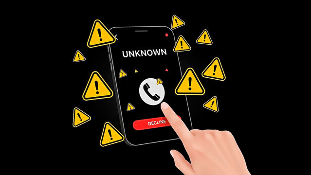 A hand of a Caucasian person is about to decline an unknown call on a smartphone surrounded by warning signs.