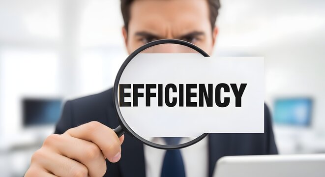 A focused Caucasian businessman in a suit examining a magnifying glass with the word EFFICIENCY on it in a modern office