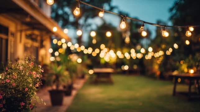 Relaxed dusk gathering on a patio with overhead lights and leafy bokeh, wide space for messaging