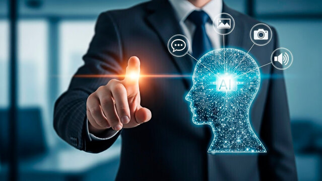 A middle-aged Caucasian businessman in a suit interacting with a digital AI interface in a modern office