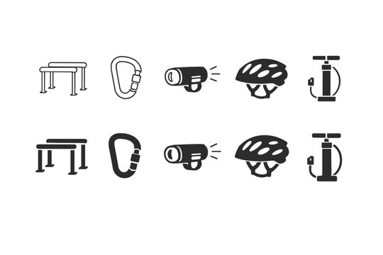 Collection of sports and outdoor equipment icons featuring parallel bars, a climbing carabiner, a bicycle light, a cycling helmet, and a manual air pump in both outline and solid vector styles.