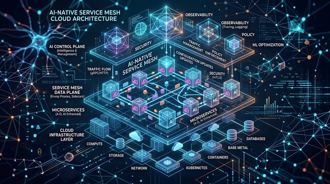 An infographic illustrating the architecture of an AI-native service mesh cloud with various interconnected components and data points