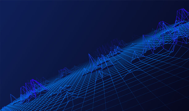 Abstract cyber ai background digital design with wireframe landscape grid line. 3D mountain and futuristic technology topographic big data concept. 