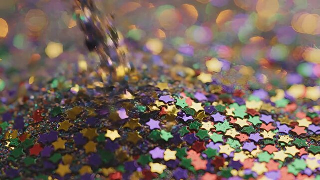 Closeup Macro Shot of Sparkling StarShaped Glitter Falling and Accumulating.