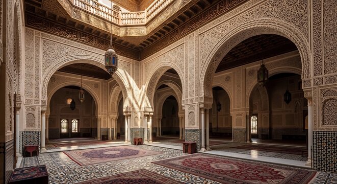 Interior View of Ornate Moroccan Mosque Courtyard with Arches and Carpets.