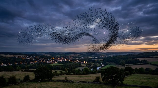 A large flock of birds forms a mesmerizing murmuration in the sky above a serene countryside landscape at dusk with a town in the background