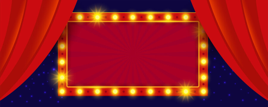 Empty red theater stage frame with bright marquee lights and open silk curtains on a dark blue starry background. Festive show banner