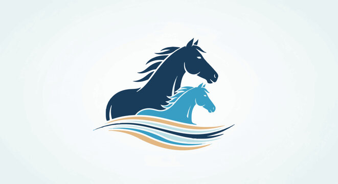 Two horses, one dark blue, one light blue, emerge from stylized waves in blue and gold