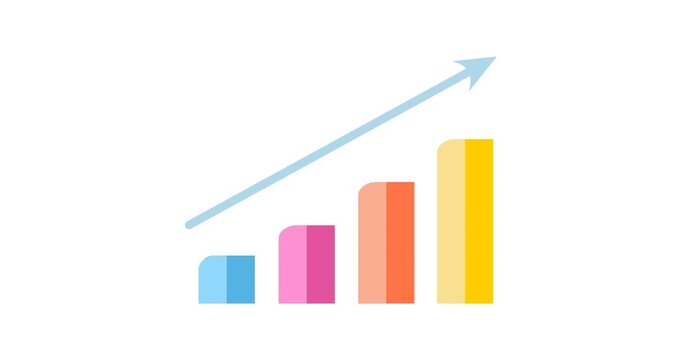 Animated footage of bar chart growth. The bar chart is colored blue, pink, orange, and yellow, with an upward arrow symbolizing increasing value. Suitable for use in business, economics, investme