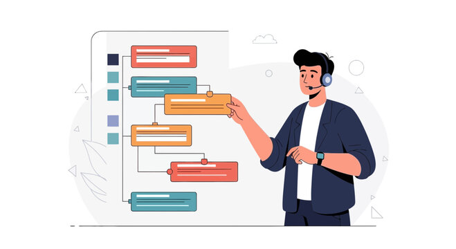 Man in headset working on flowchart, business process, strategy, planning, workflow, project management
