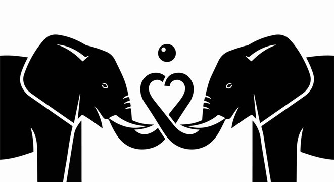 Two elephants face each other, tusks forming a heart shape, with a circle above