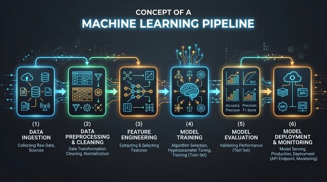 A conceptual illustration of the machine learning pipeline process including data ingestion preprocessing feature engineering model training evaluation and deployment