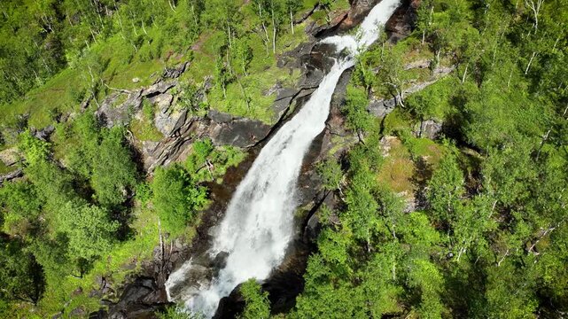 Aerial shot of Meelva Waterfall in northern Norway