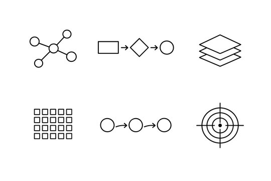 Set of Minimal Black Line Icons Representing Abstract Network, Flowchart Process, Stacked Layers, Data Grid, Sequential Workflow, and Target Objective for Business and Technology Design.
