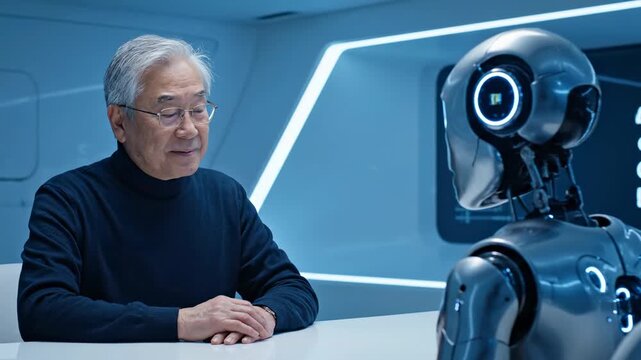 An elderly man in turtleneck speaks to a robot in a futuristic, bright room