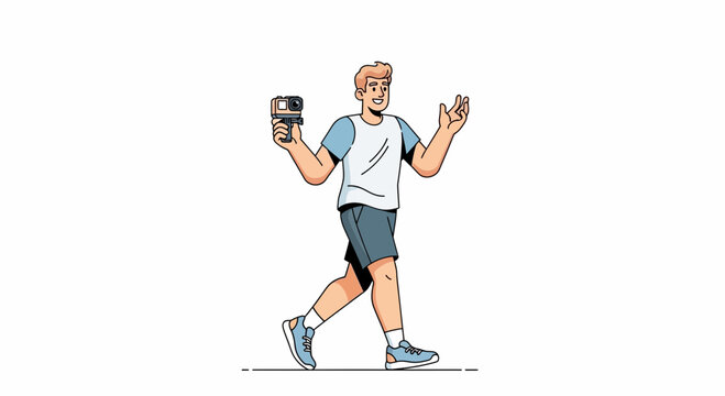 Man filming with action camera, vlogging, walking, outdoor activity, lifestyle