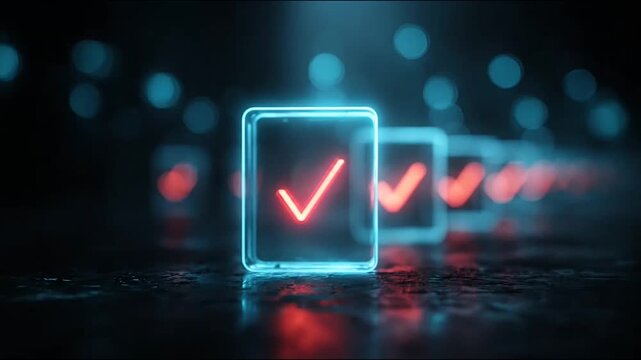 Glowing red checkmarks in glass boxes on dark digital background