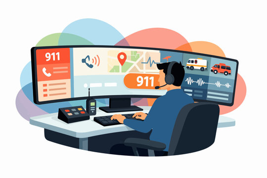Emergency 911 Dispatcher Operator at Work with Multi Screen Setup