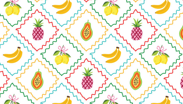 Seamless tropical fruit pattern pineapple banana papaya lemon vector background