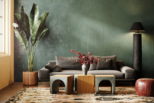 Modern interior design with empty green wall background. Contemporary home design. 3D Rendering, 3D Illustration