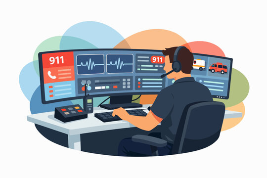Emergency 911 Dispatcher Working at Multi Screen Control Console