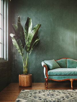 Modern interior design with empty green wall background. Contemporary home design. 3D Rendering, 3D Illustration