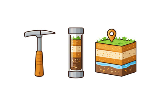 Geology and soil analysis vector icon set featuring a geologist's pick hammer, a core sample tube with stratified earth layers, and a 3D land cross-section showing groundwater and location pin.