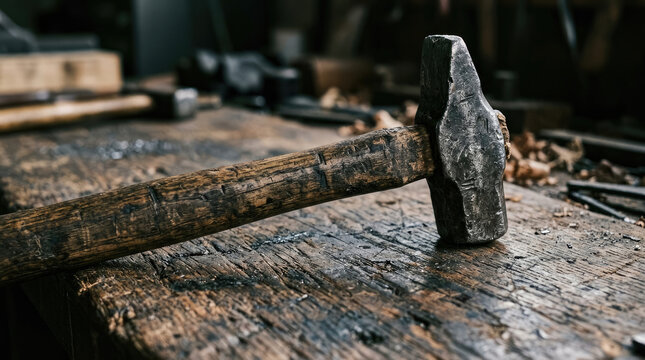 Rustic Hammer Resting on a Wooden Workbench in a Workshop Setting
