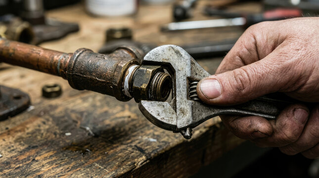 Hand Holding Adjustable Wrench on Pipe Fitting in Workshop Setting