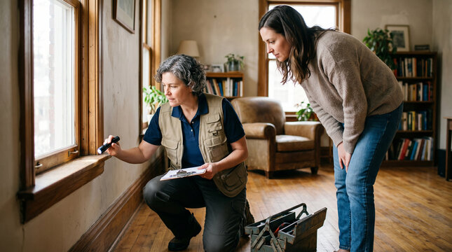 Indoor Home Inspection with Two Women in a Cozy Living Room