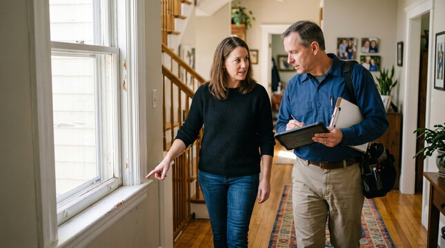 Woman discusses home inspection with male professional inspector