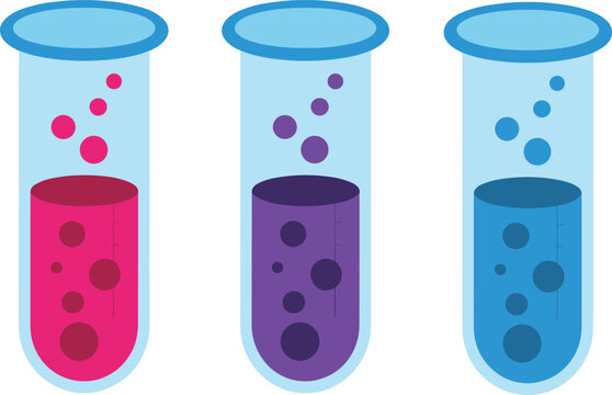 Cartoon vector illustration of colorful test tubes showing chemical experiment reaction with bubbles and scientific laboratory design
