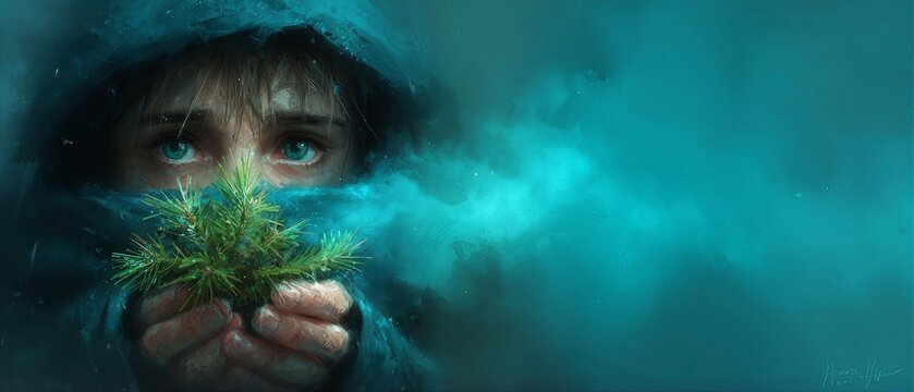 A cinematic concept art illustration with atmospheric cyan hues depicting young man striking green eyes contemplative inhaling scent of fresh pine branch in misty forest, set against deep shadows and 