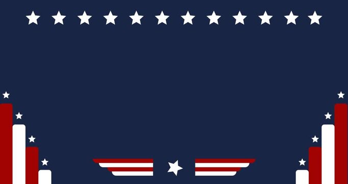 Animated footage of the American flag concept with copy space. Navy blue background with red, white, and white star ornaments. Perfect for American Independence Day content or greeting cards.