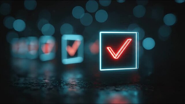 Glowing red neon checkmark in blue square on dark surface