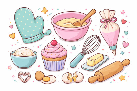 Whimsical Kids Doodle Baking Set Featuring a Pink Frosted Cupcake, Piping Bag, Whisk, Mixing Bowl, Rolling Pin, Oven Mitt, and Eggs. Pastel Vector Illustration for Sweet Dessert and Cooking Themes