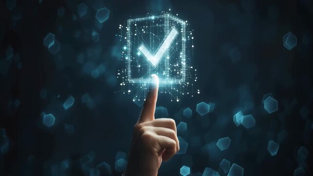 Finger presses digital check mark on glowing box in modern technology setting