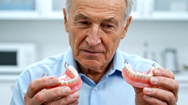 An elderly man looking at dentures in his hands, close-up shot