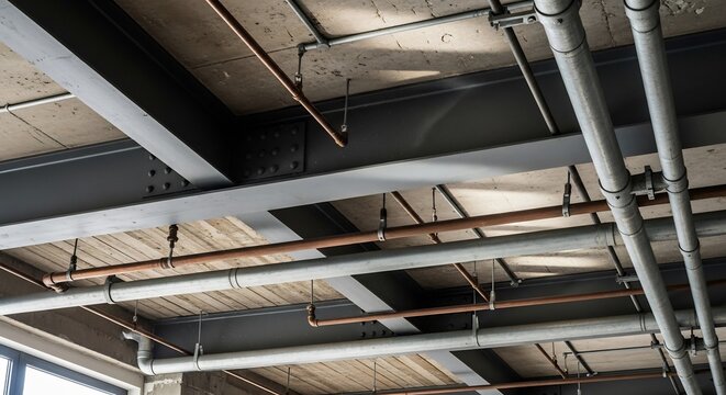 Exposed Industrial Piping System Underneath a Ceiling Structure.