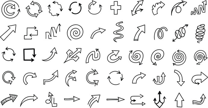 Hand Drawn Doodle Arrow Bundle with Circular Spiral Curved and Directional Icons for Infographic and Design Use
