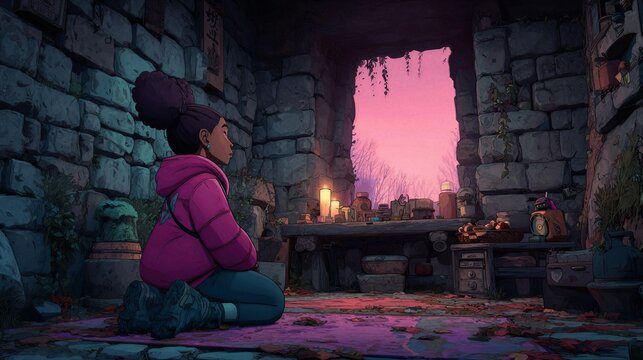 A stylized digital painting with luminous highlights and rich colors depicting athlete sweat beads on brow look of quiet resolve watching single candle flicker in darkened stone room, set against moun