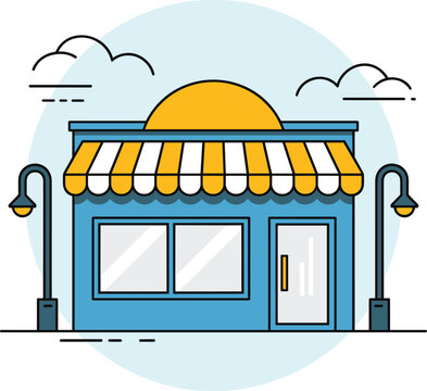 Cartoon vector illustration of storefront shop scene showing caf&eacute; building with striped awning lamps and decorative modern design