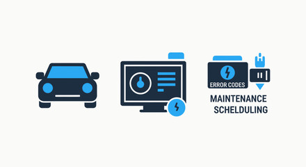 Fototapeta premium Car maintenance scheduling icons: vehicle computer calendar with maintenance schedule scheduling computer calendar automobile transport mechanical technology planning organization software