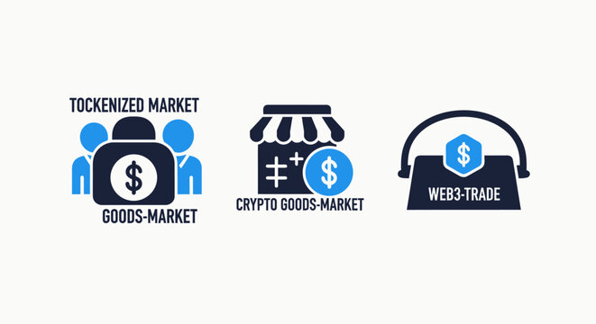 Market icons: goods crypto web trade with e commerce market place shopping commerce business cryptocurrency exchange internet illustration iconography transaction e-commerce investment