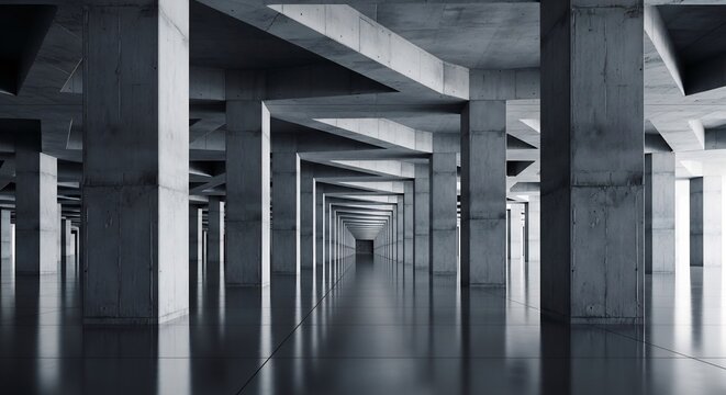 Vast Underground Concrete Structure with Repeating Columns and Reflections.