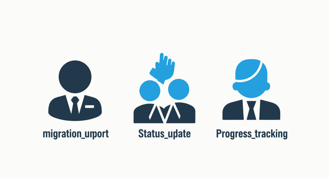 Icons representing business concepts: migration status update progress tracking with business migration progress tracking management workflow performance analysis strategy collection