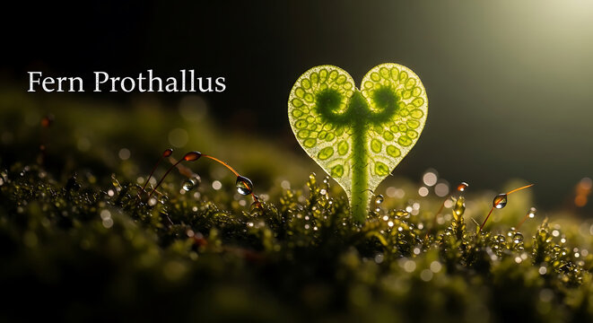 A heart-shaped Fern Prothallus grows in mossy ground with dewdrops sparkling in the morning light.