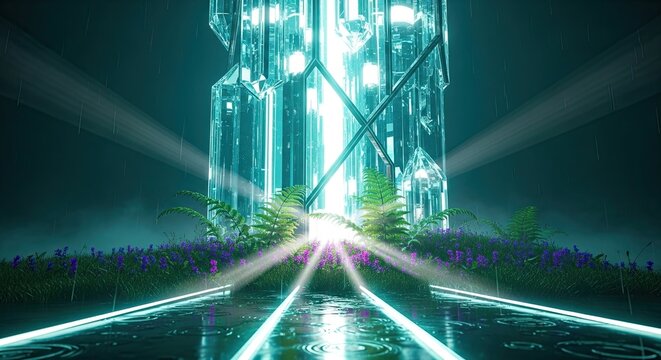 Abstract crystal structure illuminated by beams of light against a dark background